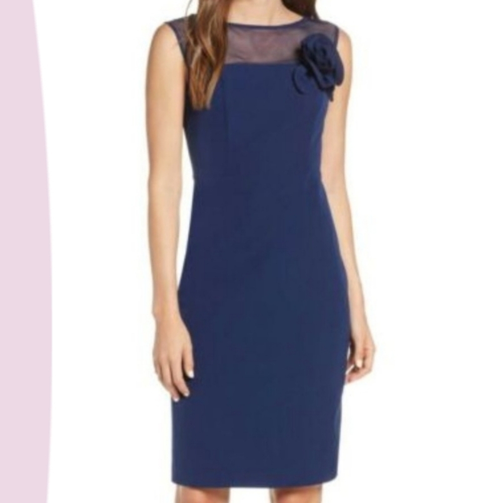 NWT Harper Rose Illusion Bateau Neck Laguna Crepe Dress Flower Detail Size 8P